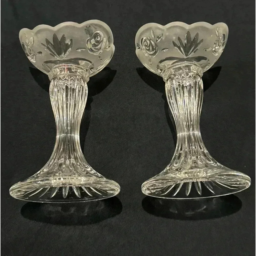 Vintage Rose Cottage Frosted Etched Glass Candlesticks Grannycore Cottagecore